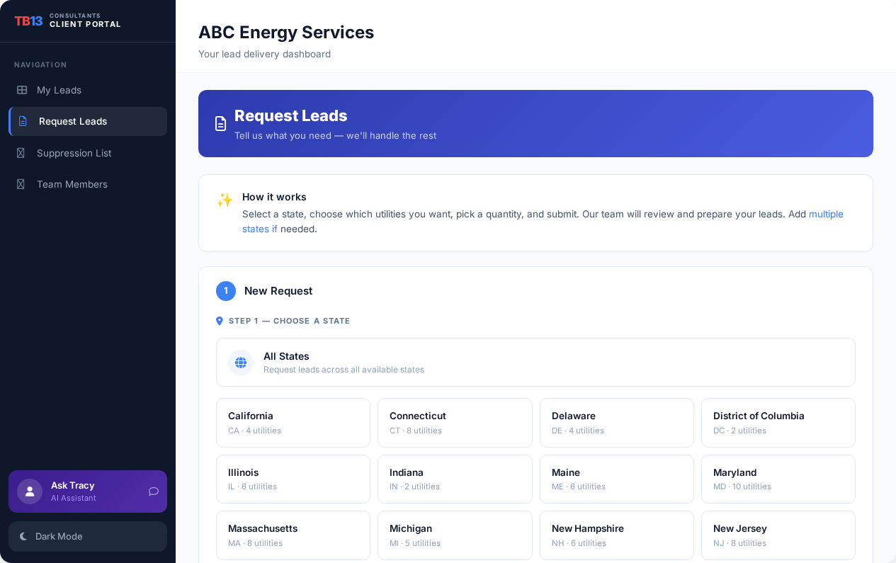 Client portal request leads page showing state selection with utility counts
