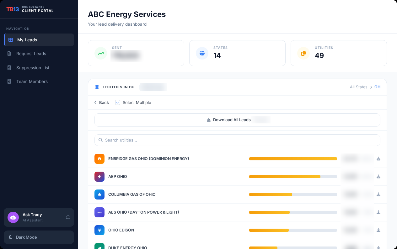 Client portal showing energy leads sorted by state and utility