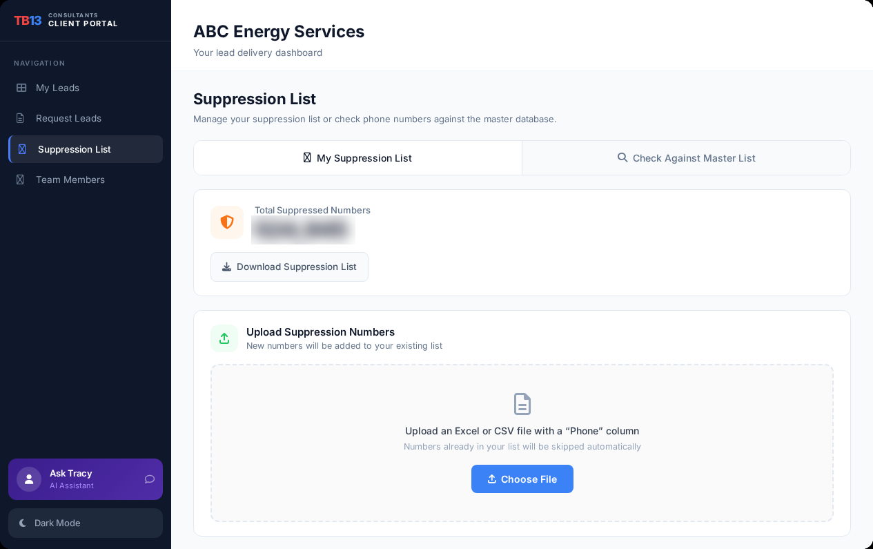 Client portal suppression list management page showing upload and download options