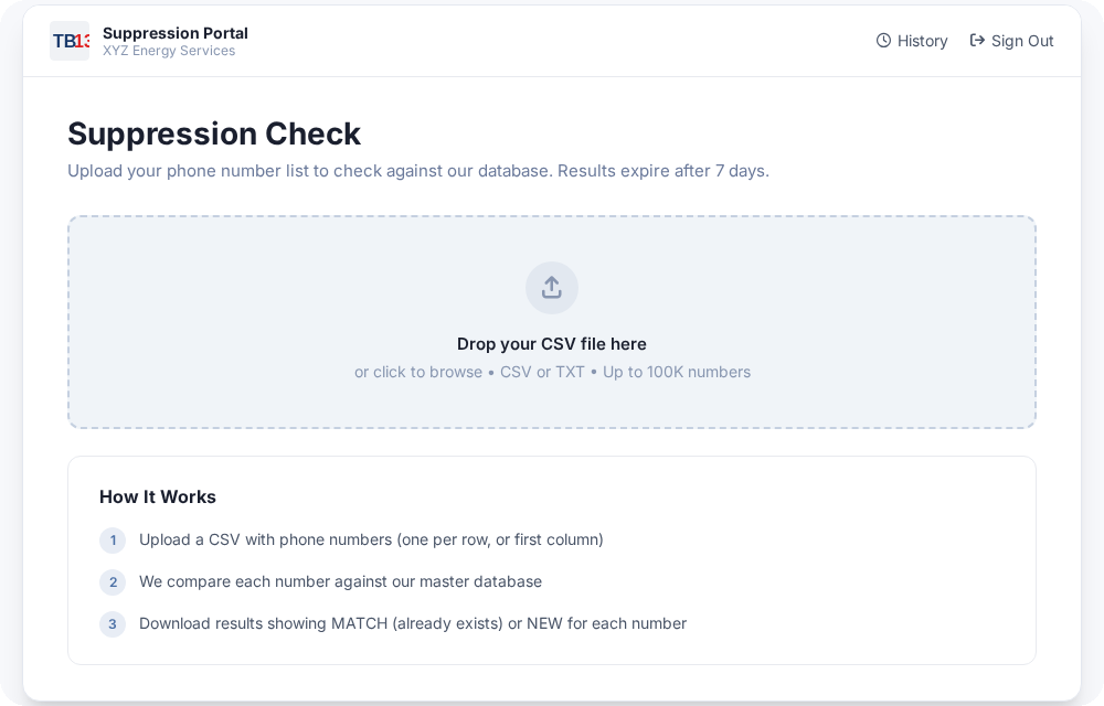 Vendor suppression portal showing CSV upload and how it works steps